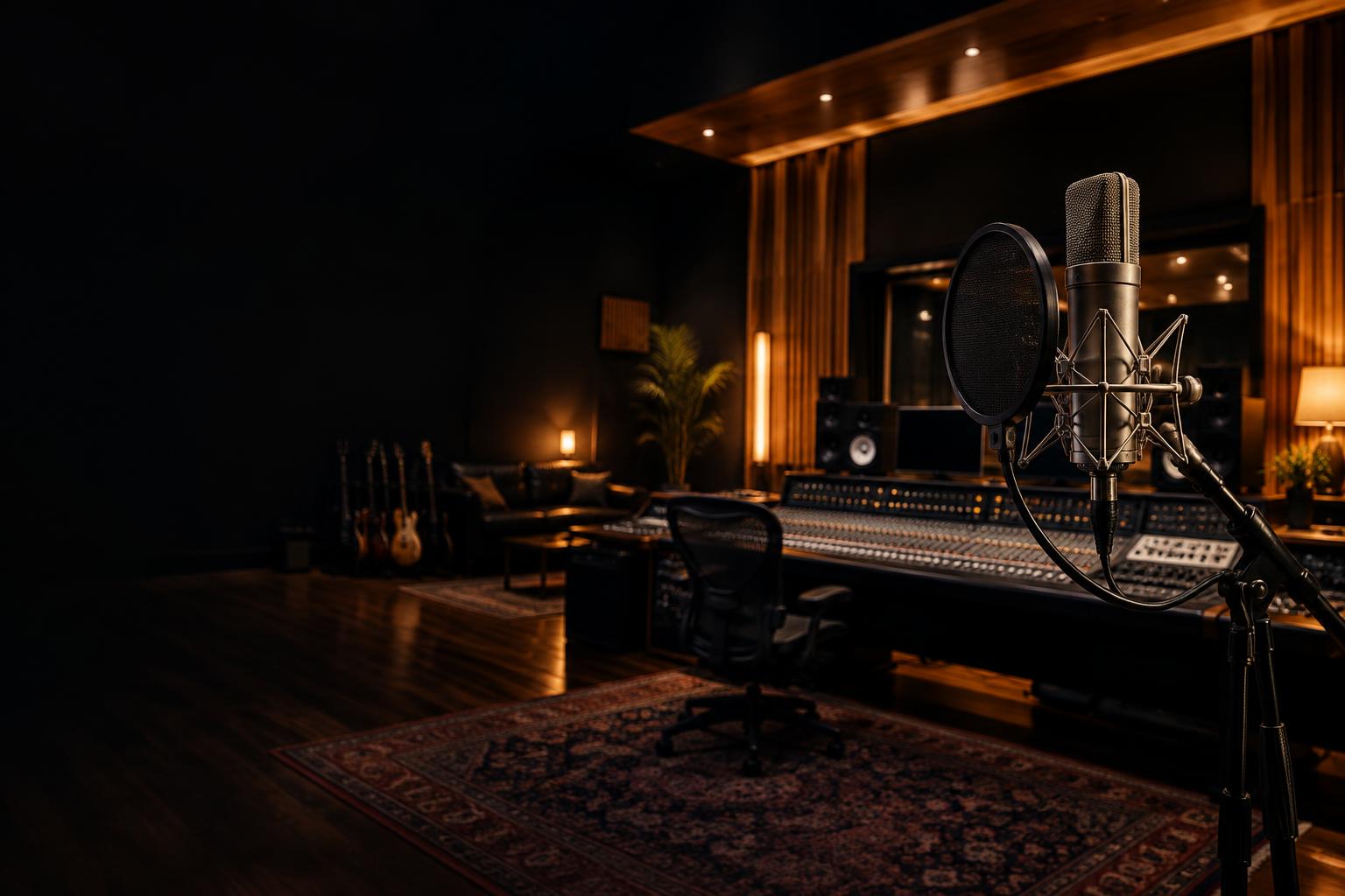 A premium recording studio with a microphone and mixing console